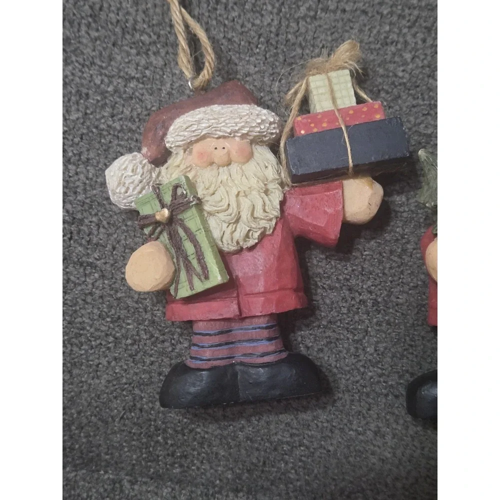 Set Of 2 Vintage 1997 Crazy Mountain Santa Claus Ornaments W/ Gifts & Tree 90s